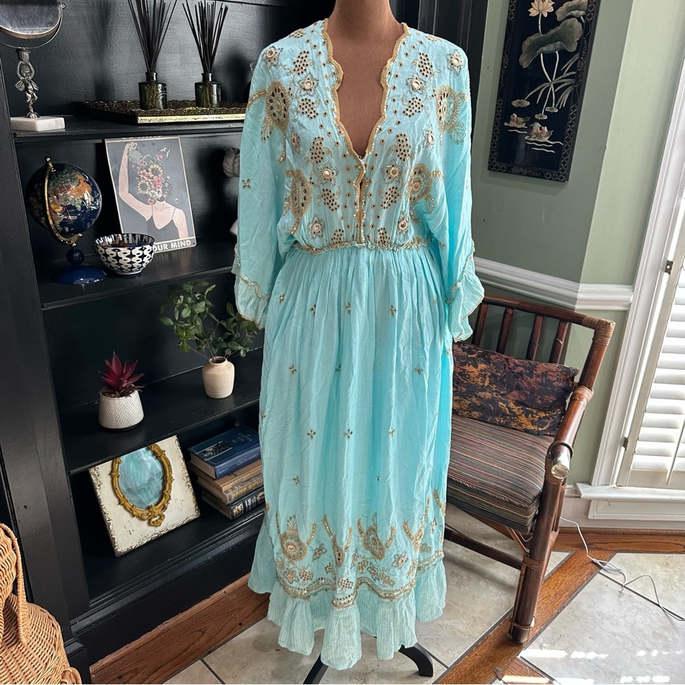 Anisa Embroidered Baby Blue Goddess Dress Tassel Tie Free Size